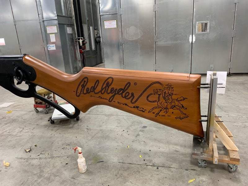 Red Ryder logo detail on the stock of the World's Largest BB Gun