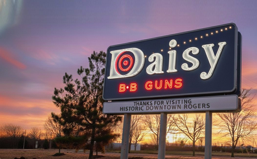 The iconic Daisy BB Guns neon sign at sunset in Rogers, Arkansas
